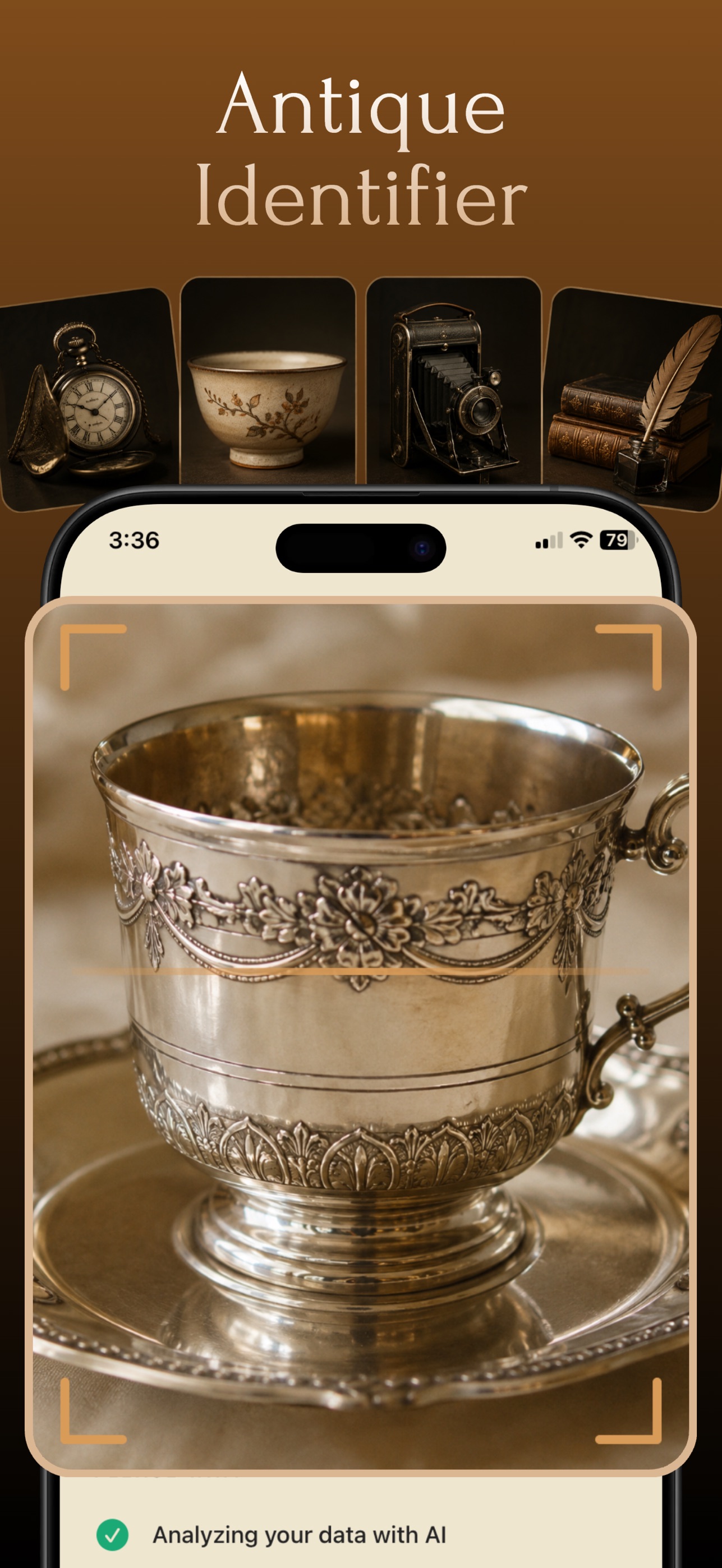 AntiqSnap scanning a silver antique cup with AI